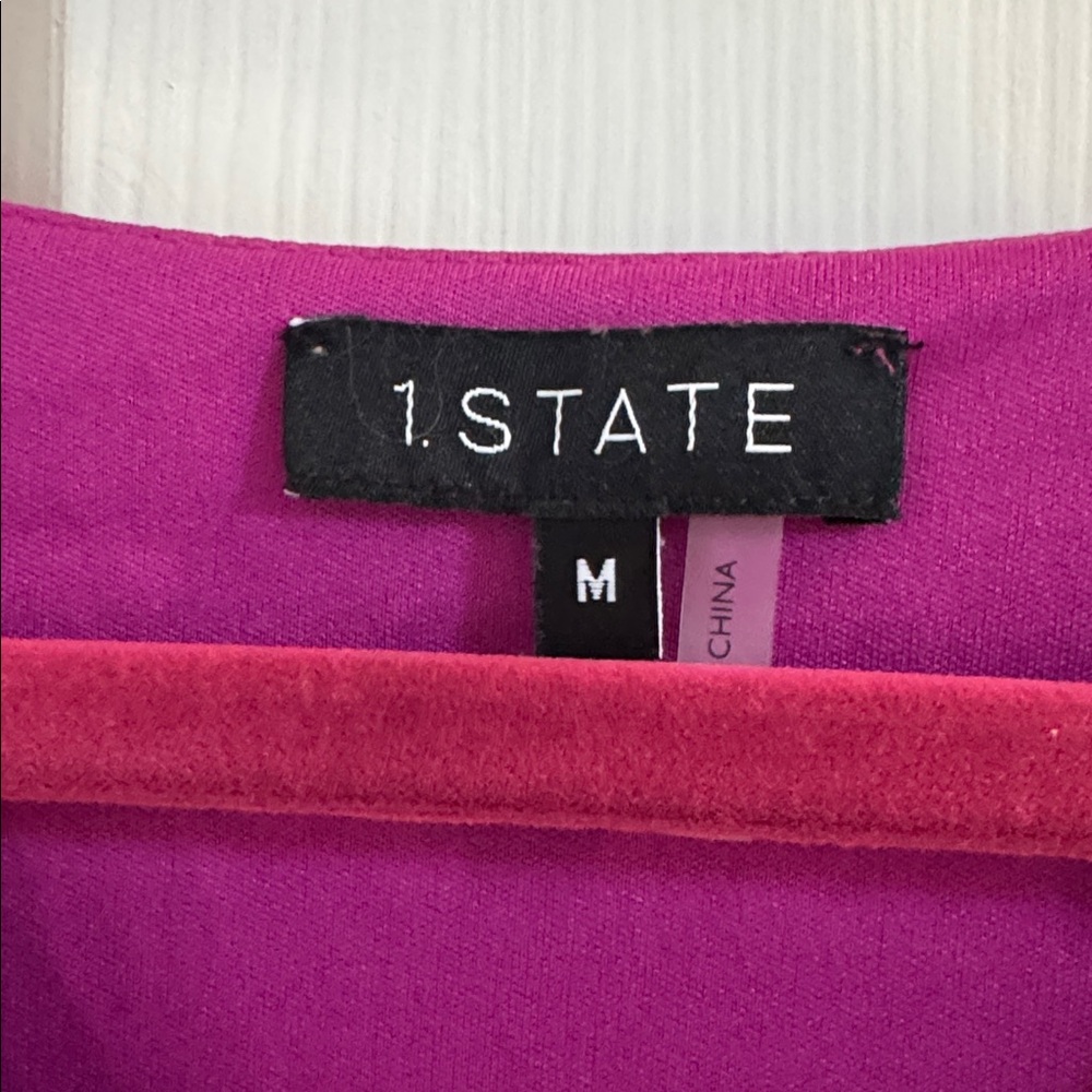 NWT 1.  STATE Magenta V-Neck Top w/ Sheer Long Puffed Sleeves & Ruched Waist - Picture 5 of 9